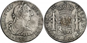 1776. Carlos III. México. FM. 8 reales. (Cal. 921). 26,17 g. Oxidaciones. Escasa. (MBC-).