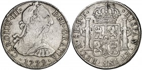 1779. Carlos III. México. FF. 8 reales. (Cal. 929). 26,72 g. Rayitas. Pequeño resello oriental en reverso. Ex Áureo 20/01/1998, nº 1261. MBC-.