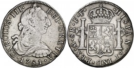 1781. Carlos III. México. FF. 8 reales. (Cal. 931). 26,68 g. Golpecitos. Ex Áureo 15/12/2005, nº 4551. MBC-.