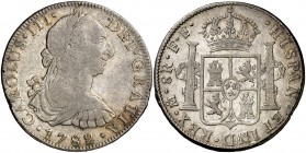 1782. Carlos III. México. FF. 8 reales. (Cal. 932). 26,68 g. Pátina. Pequeños golpecitos. (MBC-).