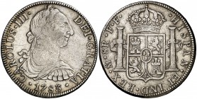1783. Carlos III. México. FF. 8 reales. (Cal. 933). 26,86 g. Ex Áureo 05/02/2003, nº 1056. MBC-.