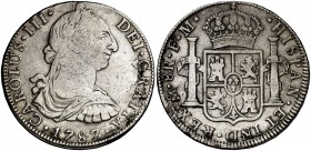 1787. Carlos III. México. FM. 8 reales. (Cal. 941). 26,56 g. Rayitas. Limpiada. BC+/MBC-.