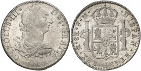 1789. Carlos III. México. FM. 8 reales. (Cal. 944). 26,90 g. Rayitas de acuñación en la fecha. Parte de brillo original. Escasa. MBC+.