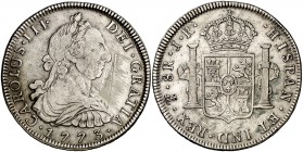 1773. Carlos III. Potosí. JR. 8 reales. (Cal. 973). 26,73 g. Rayas en anverso. Primer año de busto propio. MBC-/MBC.
