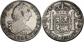 1780. Carlos III. Potosí. PR. 8 reales. (Cal. 982). 26,64 g. Limpiada. BC/BC+.