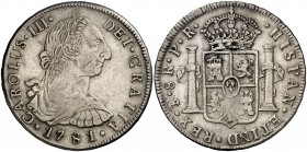 1781. Carlos III. Potosí. PR. 8 reales. (Cal. 984). 26,69 g. Hojitas en reverso. Ex Áureo & Calicó 28/05/2014, nº 4627. MBC-.