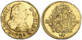 1786. Carlos III. Madrid. DV. 1/2 escudo. (Cal. 778). 1,74 g. Golpecitos. MBC-/MBC.