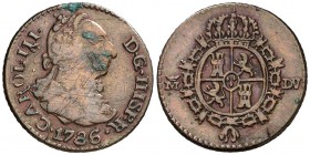 1786. Carlos III. Madrid. DV. 1/2 escudo. (Barrera 316). 1,21 g. Falsa de época en cobre. Manchitas y rayitas. (MBC-).