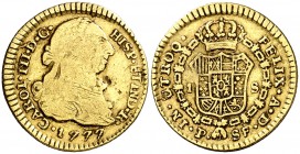 1777. Carlos III. Popayán. SF. 1 escudo. (Cal. 676) (Restrepo 54-10). 3,32 g. Golpecito. Escasa. BC/BC+.
