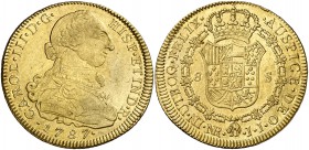 * 1787. Carlos III. Santa Fe de Nuevo Reino. JJ. 8 escudos. (Cal. 198) (Cal.Onza 894) (Restrepo 72-34). 26,93 g. Con punto entre ensayadores. Atractiv...