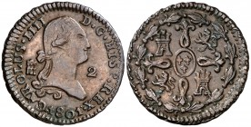 1801. Carlos IV. Segovia. 2 maravedís. (Cal. 1533). 2,64 g. Buen ejemplar. MBC+.
