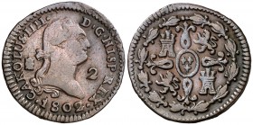 1802. Carlos IV. Segovia. 2 maravedís. (Cal. 1534). 1,96 g. MBC-.