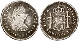 1789. Carlos IV. Potosí. PR. 1 real. (Cal. 1157). 2,89 g. Busto de Carlos III. Ordinal IV. Oxidaciones. Escasa. (BC+).