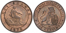 * 1870. Gobierno Provisional. Barcelona. . 2 céntimos. (Cal. 26). 2 g. S/C-.