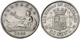 * 1869*69. Gobierno Provisional. SNM. 50 céntimos. (Cal. 18). 2,51 g. Golpecitos. MBC/MBC+.