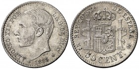 * 1885*86. Alfonso XII. MSM. 50 céntimos. (Cal. 65). 2,46 g. EBC-.