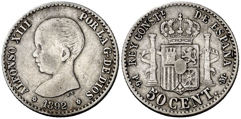 1892*22. Alfonso XIII. PGM. 50 céntimos. (Cal. 56). 2,46 g. Ex Áureo & Calicó 29...