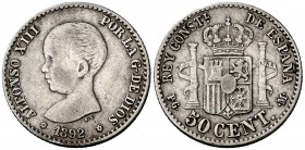 1892*22. Alfonso XIII. PGM. 50 céntimos. (Cal. 56). 2,46 g. Ex Áureo & Calicó 29/11/2012, nº 3264. Escasa. MBC.