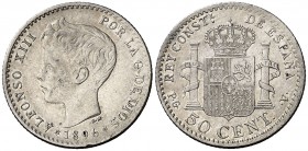 * 1896*96. Alfonso XIII. PGV. 50 céntimos. (Cal. 60). 2,49 g. Escasa. MBC+.