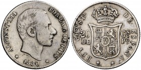 1880. Alfonso XII. Manila. 20 centavos. (Cal. 87). 4,93 g. Golpecito en canto. Rara. MBC-.