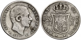 1881. Alfonso XII. Manila. 20 centavos. (Cal. 88). 5 g. Escasa. BC+.