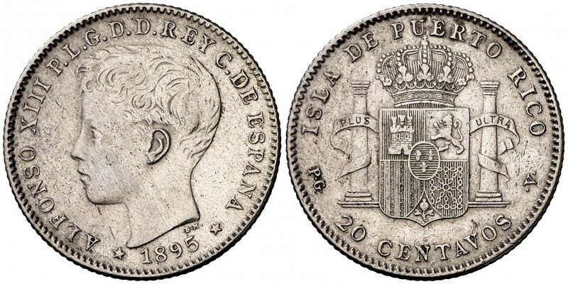 * 1895. Alfonso XIII. Puerto Rico. PGV. 20 centavos. (Cal. 84). 5 g. Pulida. (MB...