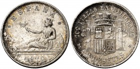 1870*1873. Gobierno Provisional. DEM. 2 pesetas. (Cal. 9). 9,96 g. Pátina. MBC+.
