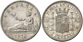1870*1875. Gobierno Provisional. DEM. 2 pesetas. (Cal. 12). 9,97 g. Buen ejemplar. MBC+.
