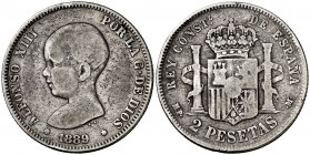 1889*--. Alfonso XIII. MPM. 2 pesetas. (Cal. 29). 9,74 g. Escasa. BC.