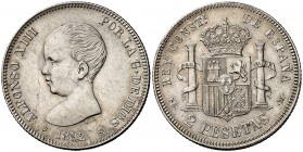 1892*1892. Alfonso XIII. PGM. 2 pesetas. (Cal. 32). 9,91 g. Leves marquitas. MBC+.