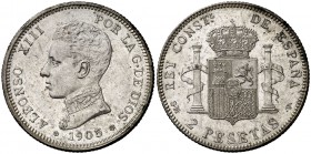 1905*1905. Alfonso XIII. SMV. 2 pesetas. (Cal. 34). 10,04 g. Golpecito. Bella. EBC+.
