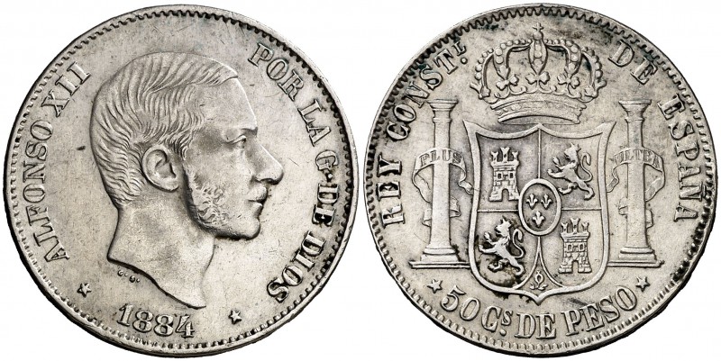 * 1884. Alfonso XII. Manila. 50 centavos. (Cal. 84). 12,89 g. Buen ejemplar. Rar...