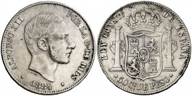* 1884. Alfonso XII. Manila. 50 centavos. (Cal. 84). 12,89 g. Buen ejemplar. Rara. MBC+.