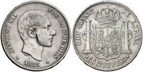 * 1885. Alfonso XII. Manila. 50 centavos. (Cal. 86). 12,87 g. Leves rayitas. MBC+.