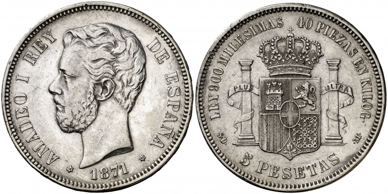 * 1871*1871. Amadeo I. SDM. 5 pesetas. (Cal. 5). 24,93 g. Limpiada. Leves golpec...