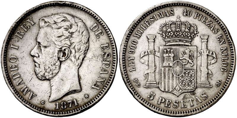 1871*1873. Amadeo I. DEM. 5 pesetas. (Cal. 9). 24,84 g. Golpecitos. Ex Áureo 21/...