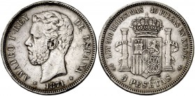 1871*1873. Amadeo I. DEM. 5 pesetas. (Cal. 9). 24,84 g. Golpecitos. Ex Áureo 21/05/1997, nº 1079. Rara. MBC-.