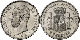 1871*1873. Amadeo I. DEM. 5 pesetas. (Cal. 9). 24,96 g. Rara. MBC.