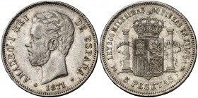 1871*1874. Amadeo I. DEM. 5 pesetas. (Cal. 10). 24,82 g. Golpecito en canto. MBC.