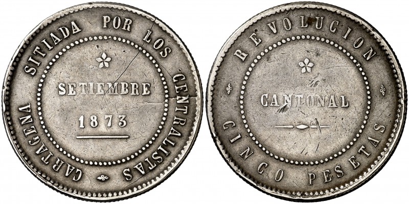 1873. Revolución cantonal. Cartagena. 5 pesetas. (Cal. 5). 28,71 g. Reverso coin...