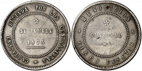 1873. Revolución cantonal. Cartagena. 5 pesetas. (Cal. 5). 28,71 g. Reverso coincidente. 80 perlas en la gráfila del anverso y 85 en la del reverso. R...