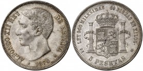 1876*1876. Alfonso XII. DEM. 5 pesetas. (Cal. 26a). 24,96 g. Hojita en reverso. MBC.