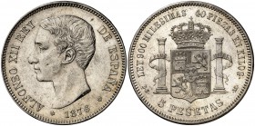 1876*1876. Alfonso XII. DEM. 5 pesetas. (Cal. 26). 25,10 g. Pabellón de la oreja rayado. Limpiada. (EBC-).