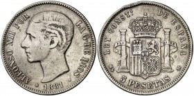1881*18(...). Alfonso XII. MSM. 5 pesetas. (Cal. 32). 24,91 g. Escasa. BC+.