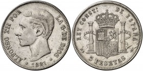 * 1881*1881. Alfonso XII. MSM. 5 pesetas. (Cal. 32). 24,78 g. Rayitas. Escasa. MBC.