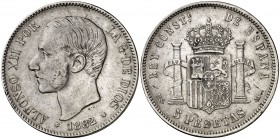 1882/81*1881. Alfonso XII. MSM. 5 pesetas. (Cal. 34 var). 24,81 g. Escasa. BC+.