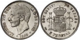 1885*1887. Alfonso XII. MSM. 5 pesetas. (Cal. 42). 24,85 g. Rayitas. MBC+.