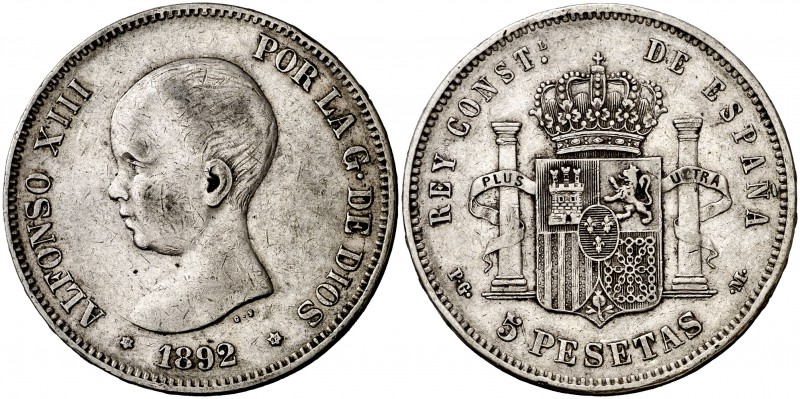 1892*1892. Alfonso XIII. PGM. 5 pesetas. (Cal. 18). 24,81 g. Tipo "pelón". MBC-....