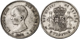 1892*1892. Alfonso XIII. PGM. 5 pesetas. (Cal. 18). 24,81 g. Tipo "pelón". MBC-.