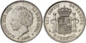 1892*1892. Alfonso XIII. PGM. 5 pesetas. (Cal. 19). 25,08 g. Tipo "bucles". Rayitas. MBC+.